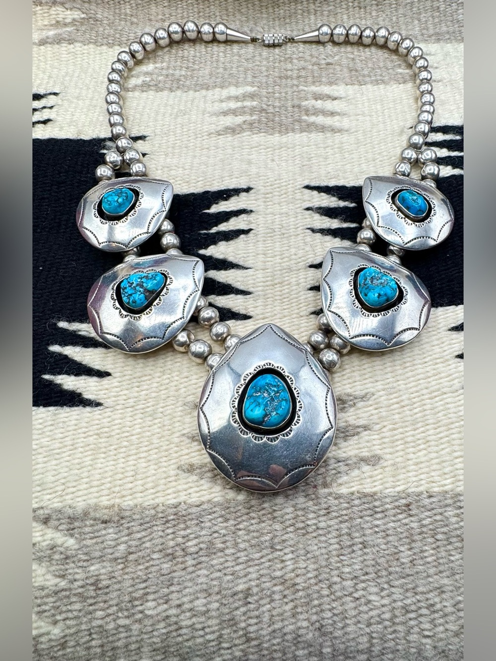 Navajo Native American Sterling Silver Natural Turquoise Beaded Bib Necklace - Picture 4 of 10